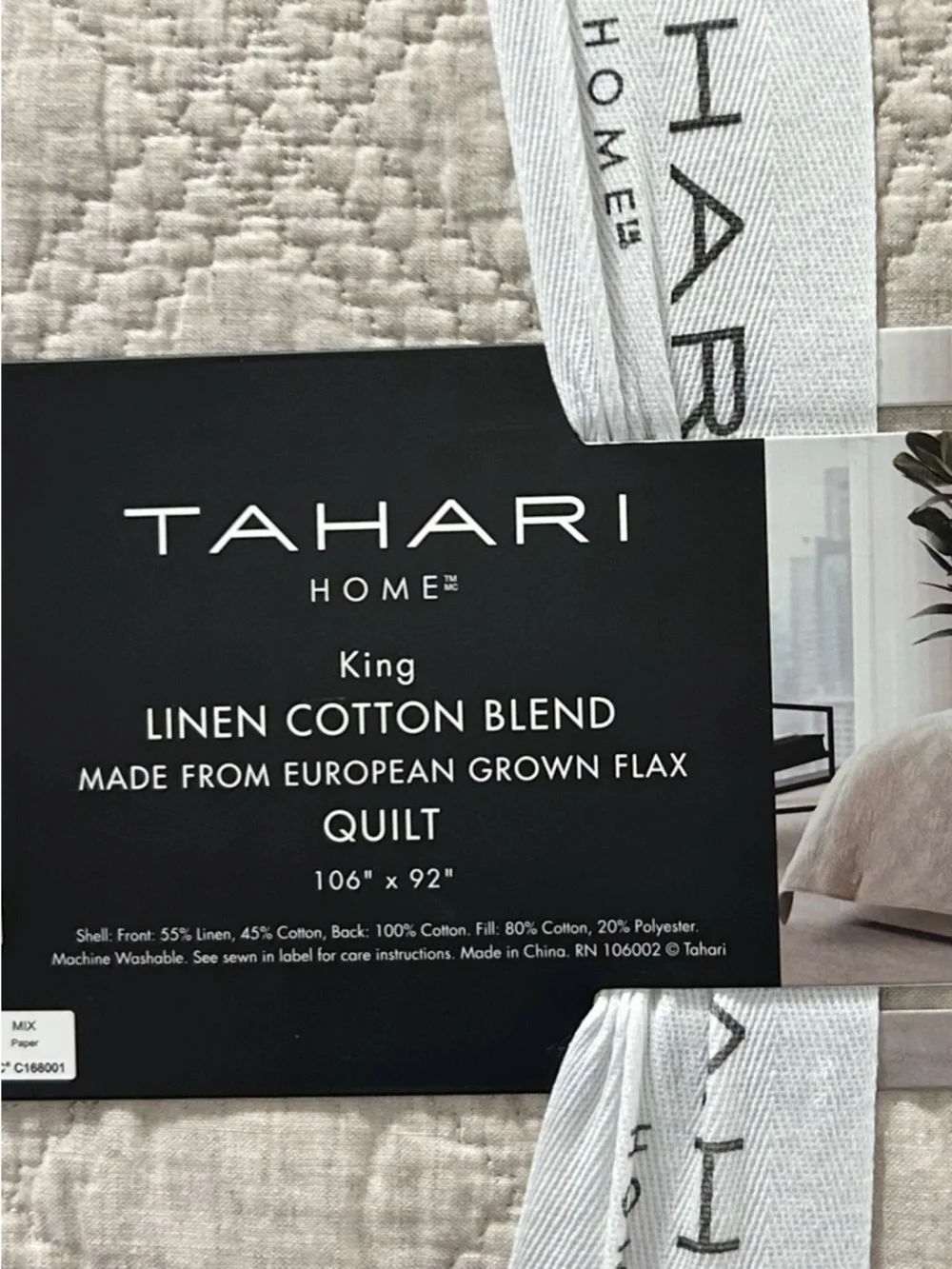 Tahari Natural King Linen Cotton Blend Quilt  European Grown Flax 106”x92”
